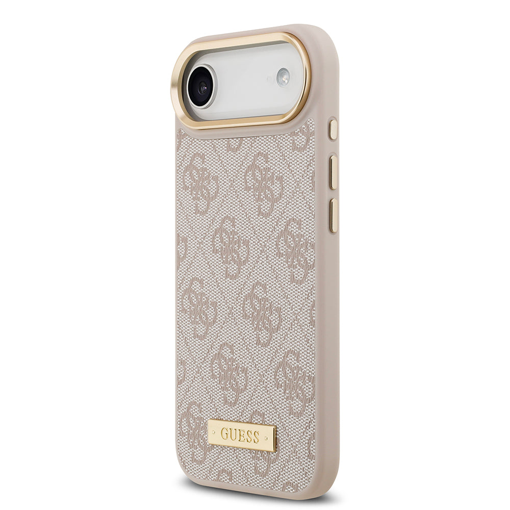 Apple iPhone 17 Air Kılıf Guess Orjinal Lisanslı M-safe Şarj Özellikli 4G Desenli PU Metal Plaka Klasik Logolu Kapak Pembe