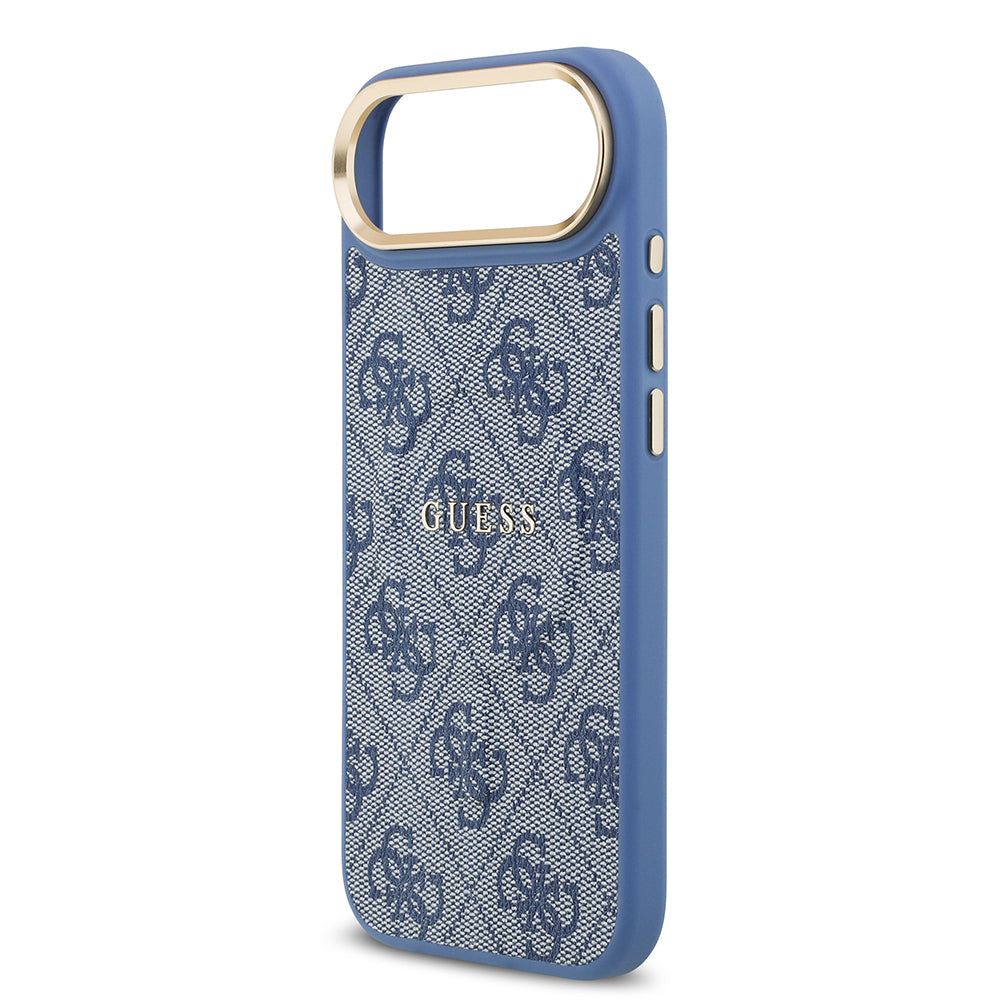 Apple iPhone 17 Air Kılıf Guess Orjinal Lisanslı M-safe Şarj Özellikli Gold Metal Kamera Çerçeveli PU Deri 4G Desenli Yazı Logolu Kapak Mavi