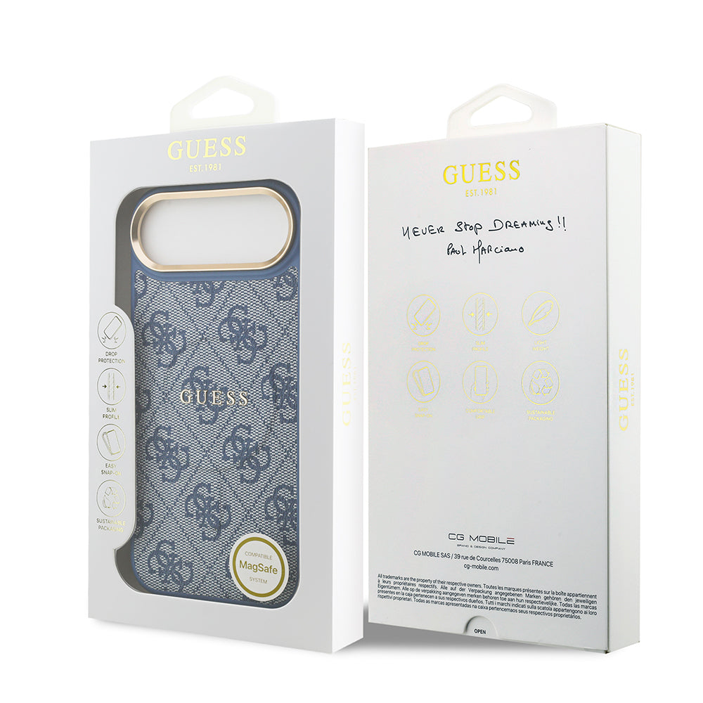 Apple iPhone 17 Air Kılıf Guess Orjinal Lisanslı M-safe Şarj Özellikli Gold Metal Kamera Çerçeveli PU Deri 4G Desenli Yazı Logolu Kapak Pembe