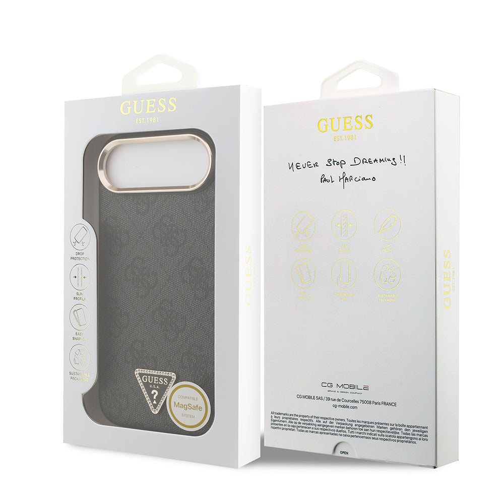 Apple iPhone 17 Air Kılıf Guess Orjinal Lisanslı M-safe Şarj Özellikli Gold Metal Kamera Çerçeveli Taşlı Üçgen Logo 4G Desenli Kapak Kahverengi