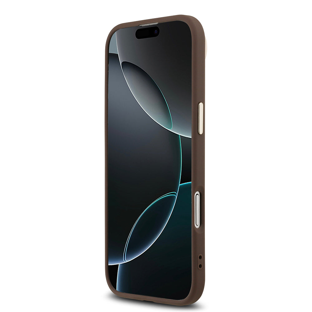 Apple iPhone 17 Air Kılıf Guess Orjinal Lisanslı M-safe Şarj Özellikli Gold Metal Kamera Çerçeveli Taşlı Üçgen Logo 4G Desenli Kapak Kahverengi