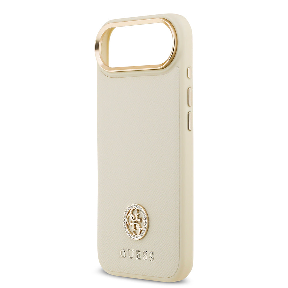 Apple iPhone 17 Air Kılıf Guess Orjinal Lisanslı M-safe Şarj Özellikli Grained Yazı ve Taşlı 4G Logolu Kapak Bej