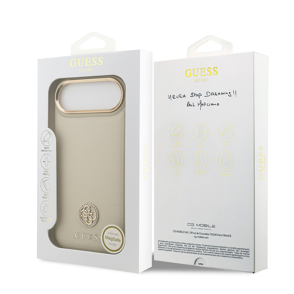 Apple iPhone 17 Air Kılıf Guess Orjinal Lisanslı M-safe Şarj Özellikli Grained Yazı ve Taşlı 4G Logolu Kapak Siyah