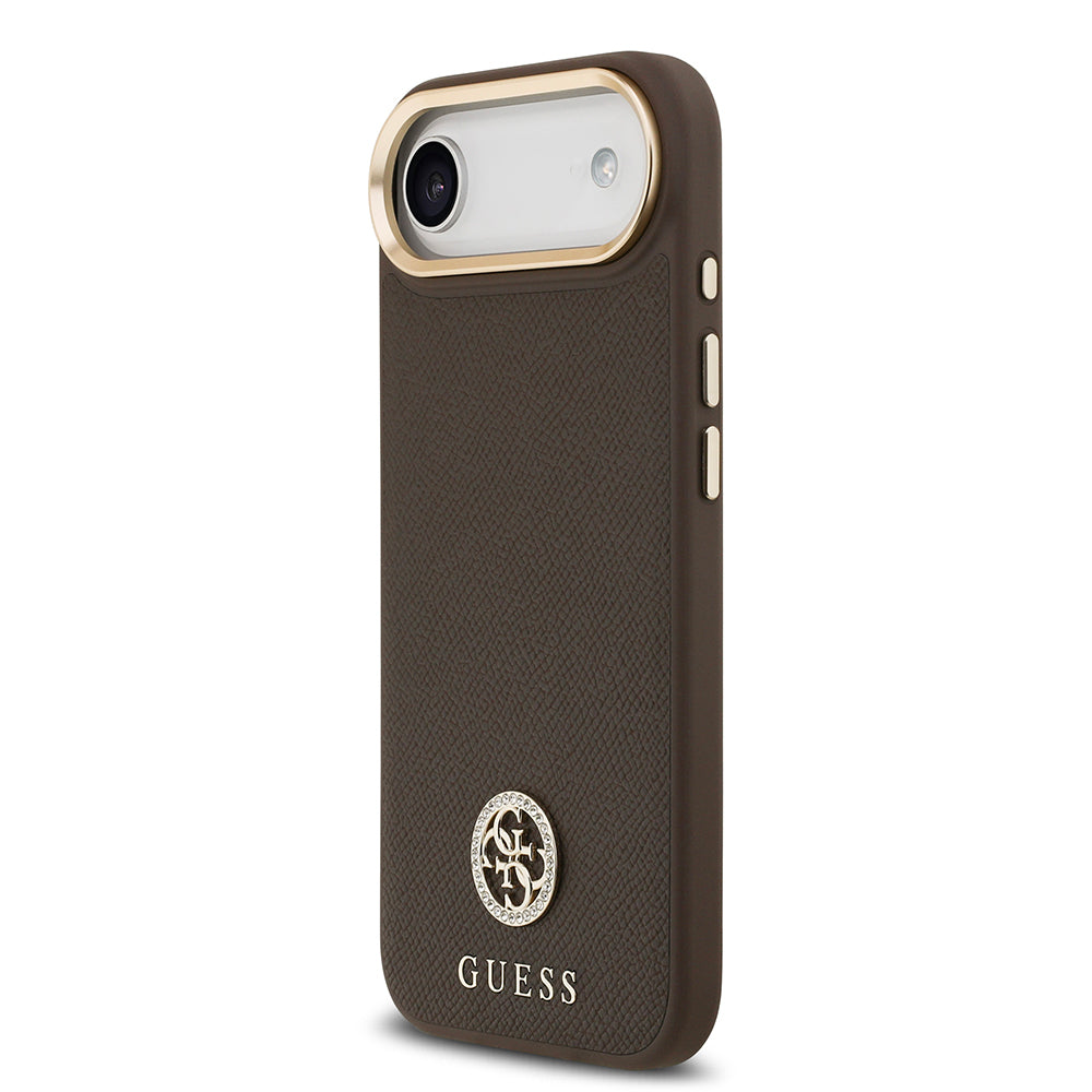 Apple iPhone 17 Air Kılıf Guess Orjinal Lisanslı M-safe Şarj Özellikli Grained Yazı ve Taşlı 4G Logolu Kapak Siyah