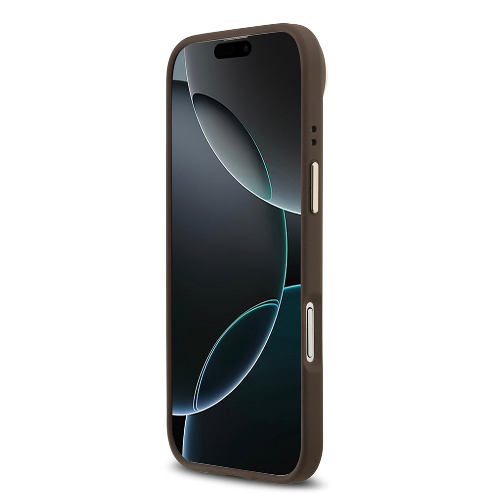 Apple iPhone 17 Air Kılıf Guess Orjinal Lisanslı M-safe Şarj Özellikli Grained Yazı ve Taşlı 4G Logolu Kapak Kahverengi