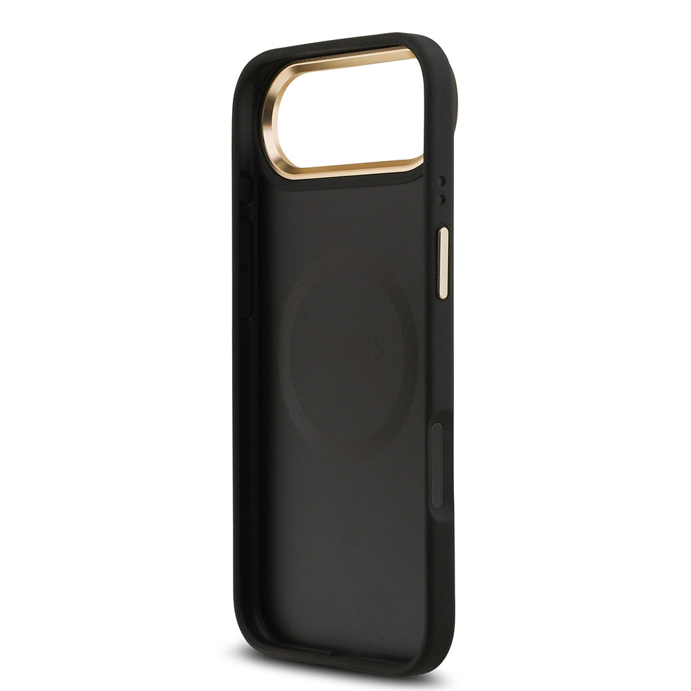 Apple iPhone 17 Air Kılıf Guess Orjinal Lisanslı M-safe Şarj Özellikli Sıcak Baskılı Yazı Logolu PU Deri Peony Kapak Siyah