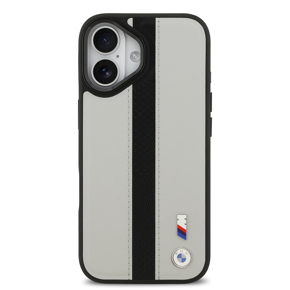 Apple iPhone 17 Kılıf BMW Orjinal Lisanslı M-safe Şarj Özellikli Deri Arka Yüzey Metal Logolu Delikli Şerit Tasarımlı Kapak Mavi