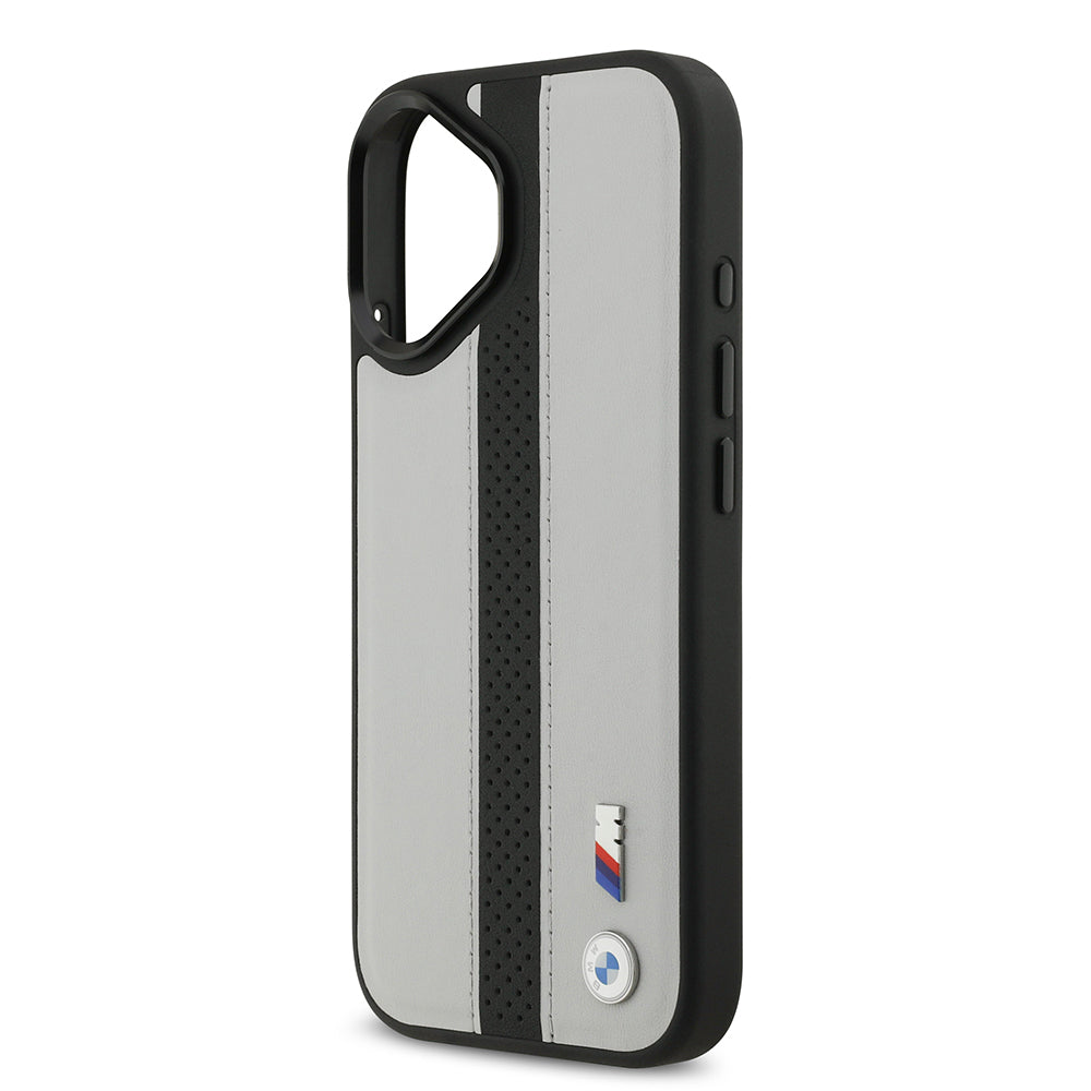 Apple iPhone 17 Kılıf BMW Orjinal Lisanslı M-safe Şarj Özellikli Deri Arka Yüzey Metal Logolu Delikli Şerit Tasarımlı Kapak Gri
