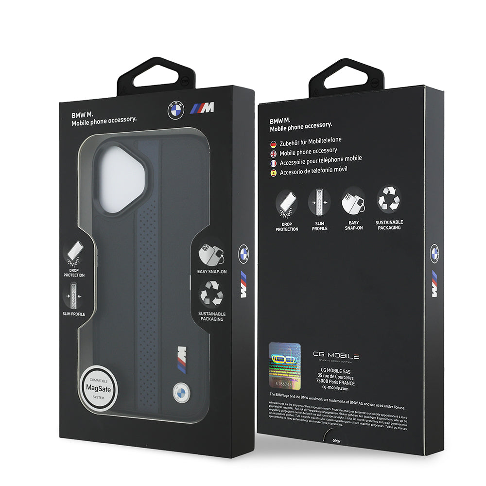 Apple iPhone 17 Kılıf BMW Orjinal Lisanslı M-safe Şarj Özellikli Deri Arka Yüzey Metal Logolu Delikli Şerit Tasarımlı Kapak Gri