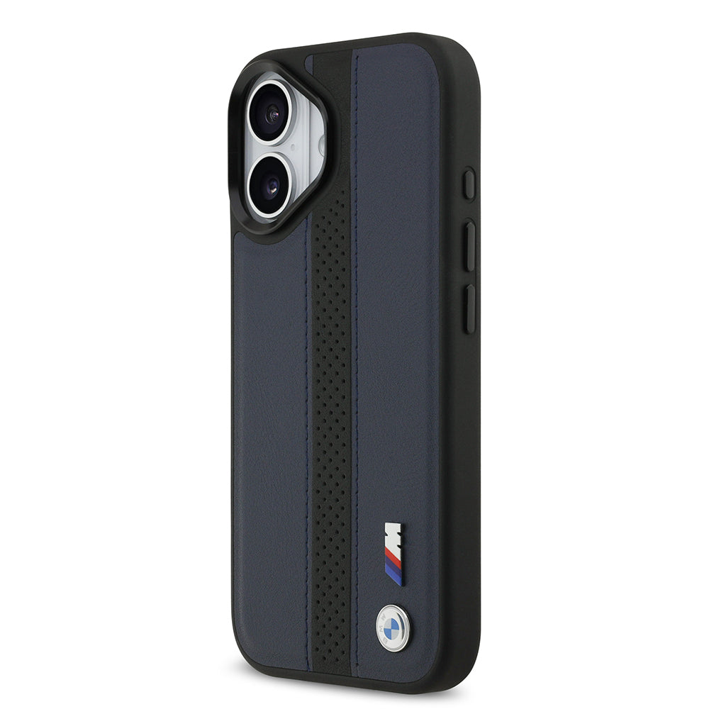 Apple iPhone 17 Kılıf BMW Orjinal Lisanslı M-safe Şarj Özellikli Deri Arka Yüzey Metal Logolu Delikli Şerit Tasarımlı Kapak Gri