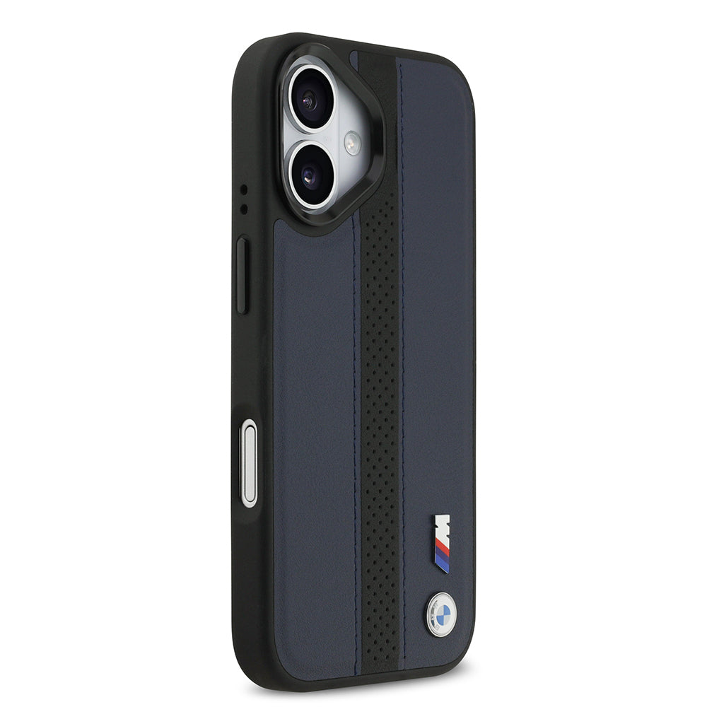 Apple iPhone 17 Kılıf BMW Orjinal Lisanslı M-safe Şarj Özellikli Deri Arka Yüzey Metal Logolu Delikli Şerit Tasarımlı Kapak Gri