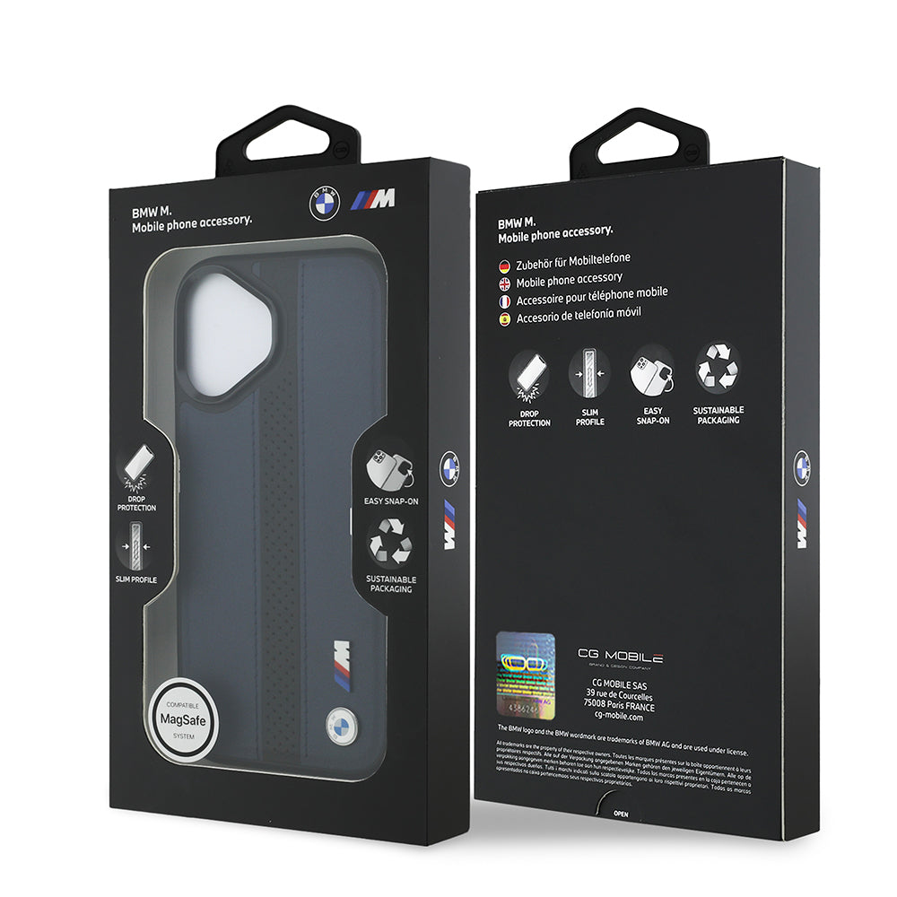 Apple iPhone 17 Kılıf BMW Orjinal Lisanslı M-safe Şarj Özellikli Deri Arka Yüzey Metal Logolu Delikli Şerit Tasarımlı Kapak Gri