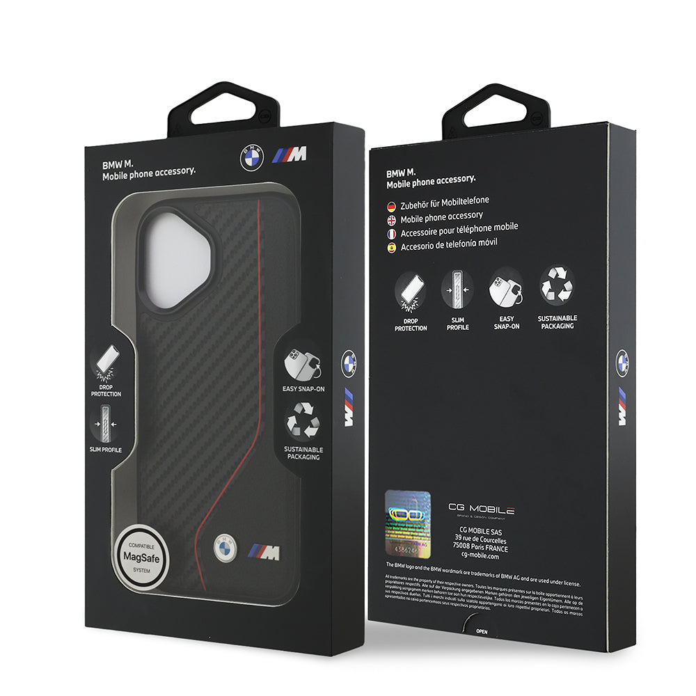 Apple iPhone 17 Kılıf BMW Orjinal Lisanslı M-safe Şarj Özellikli Metal BMW ve M Logolu PU Karbon Tasarımlı Kapak Kırmızı