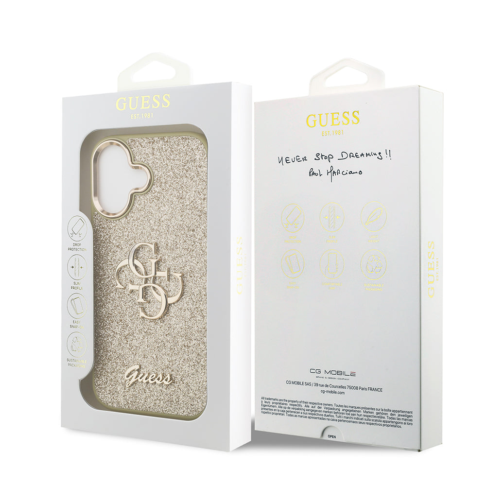 Apple iPhone 17 Kılıf Guess Orjinal Lisanslı 4G Büyük Metal Kamera Çerçeveli ve Logolu Glitter Kapak Gri