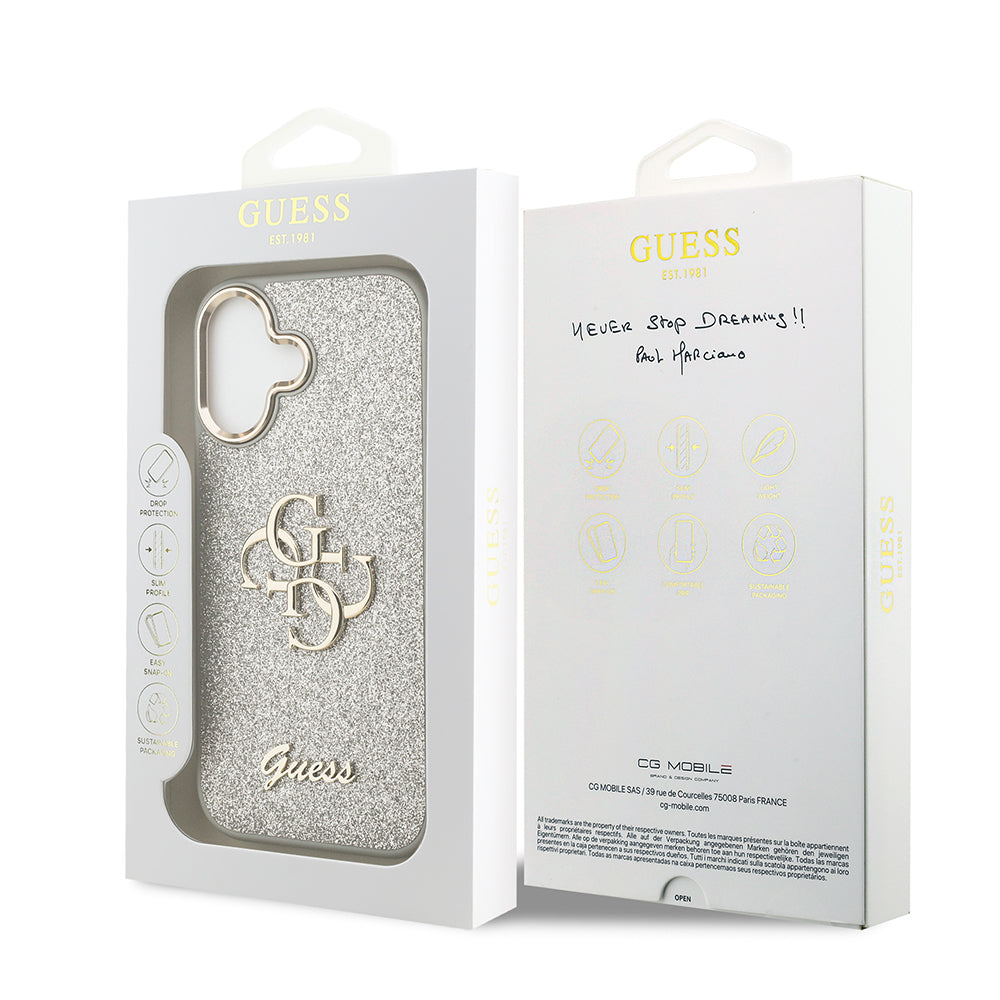 Apple iPhone 17 Kılıf Guess Orjinal Lisanslı 4G Büyük Metal Kamera Çerçeveli ve Logolu Glitter Kapak Pembe