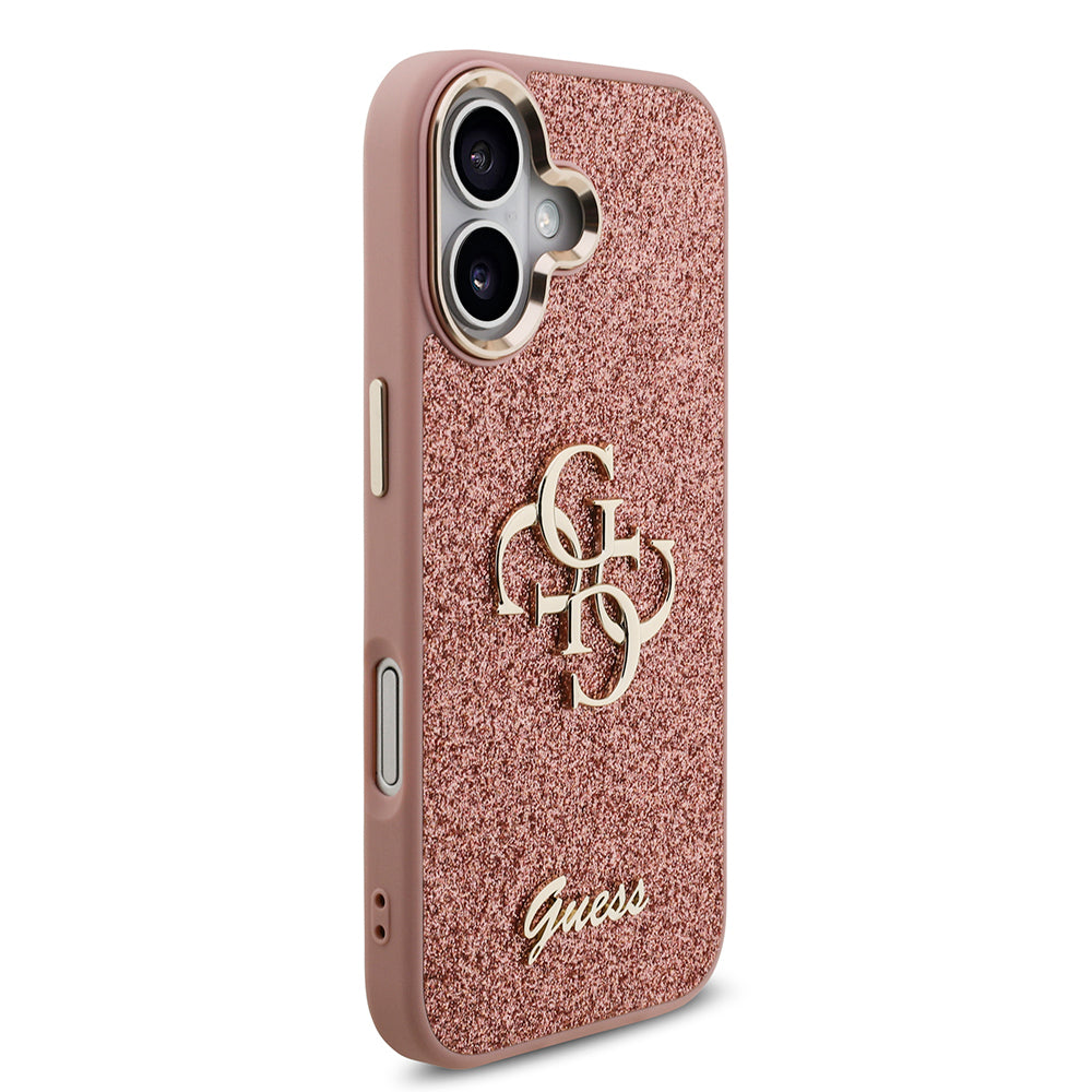 Apple iPhone 17 Kılıf Guess Orjinal Lisanslı 4G Büyük Metal Kamera Çerçeveli ve Logolu Glitter Kapak Pembe