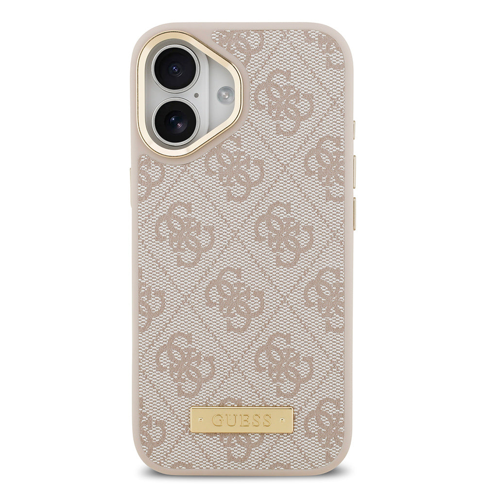 Apple iPhone 17 Kılıf Guess Orjinal Lisanslı M-safe Şarj Özellikli 4G Desenli PU Metal Plaka Klasik Logolu Kapak Pembe