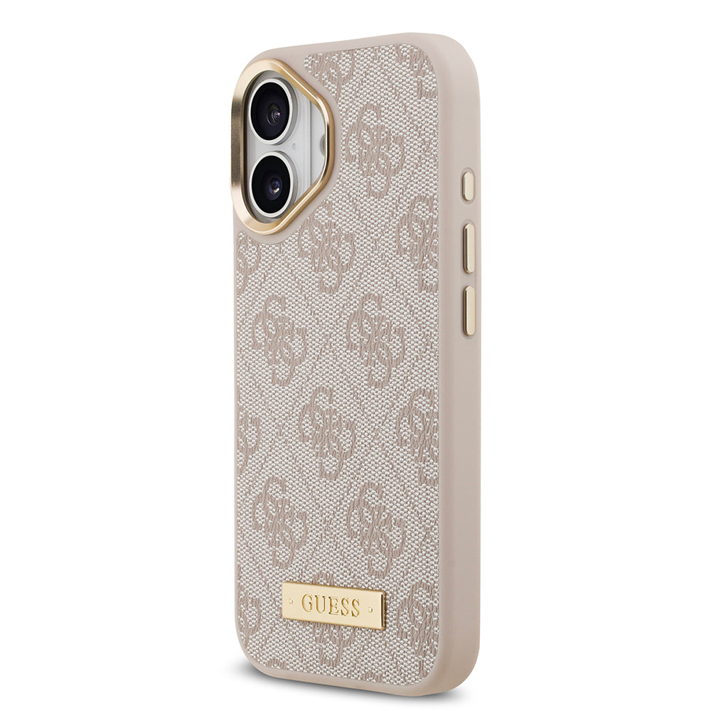 Apple iPhone 17 Kılıf Guess Orjinal Lisanslı M-safe Şarj Özellikli 4G Desenli PU Metal Plaka Klasik Logolu Kapak Pembe