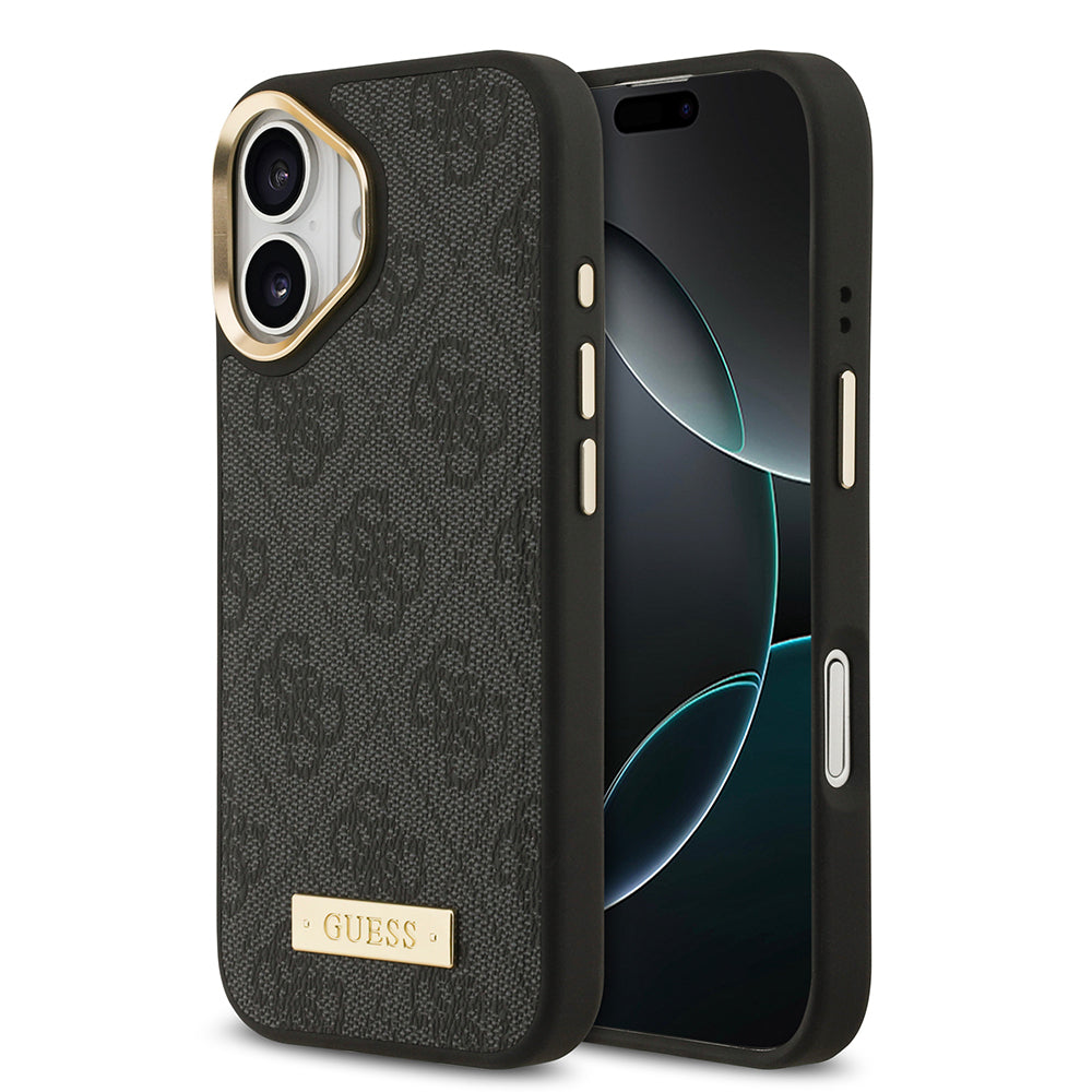 Apple iPhone 17 Kılıf Guess Orjinal Lisanslı M-safe Şarj Özellikli 4G Desenli PU Metal Plaka Klasik Logolu Kapak Siyah