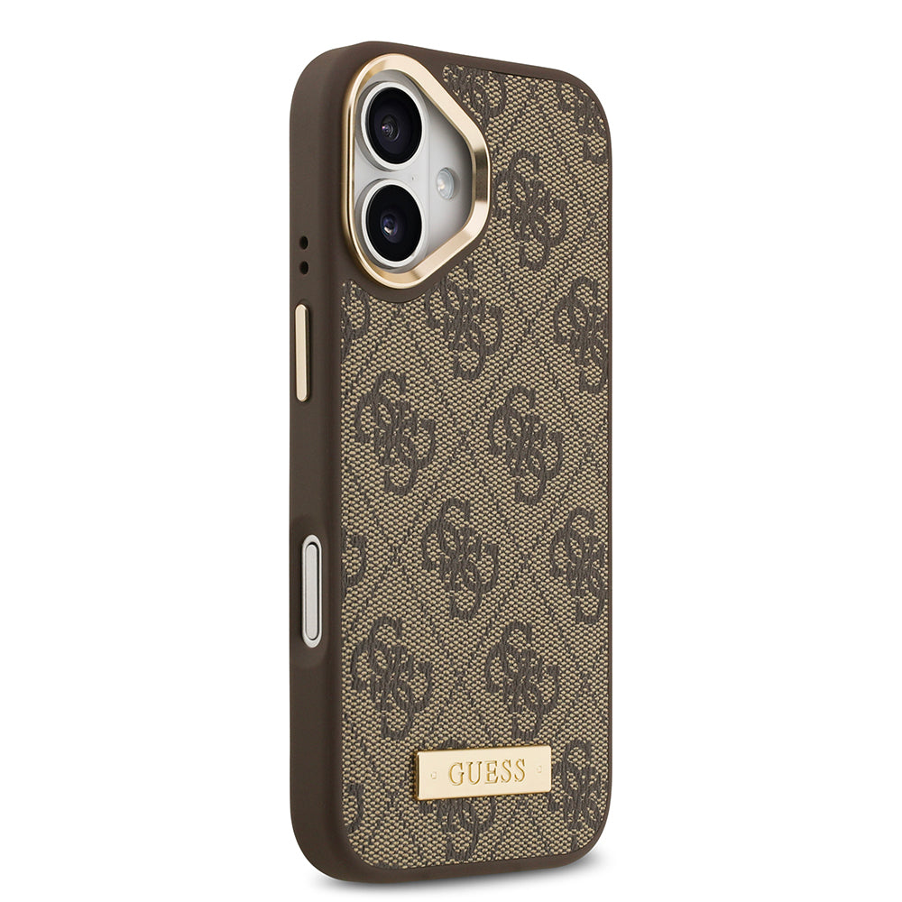 Apple iPhone 17 Kılıf Guess Orjinal Lisanslı M-safe Şarj Özellikli 4G Desenli PU Metal Plaka Klasik Logolu Kapak Pembe