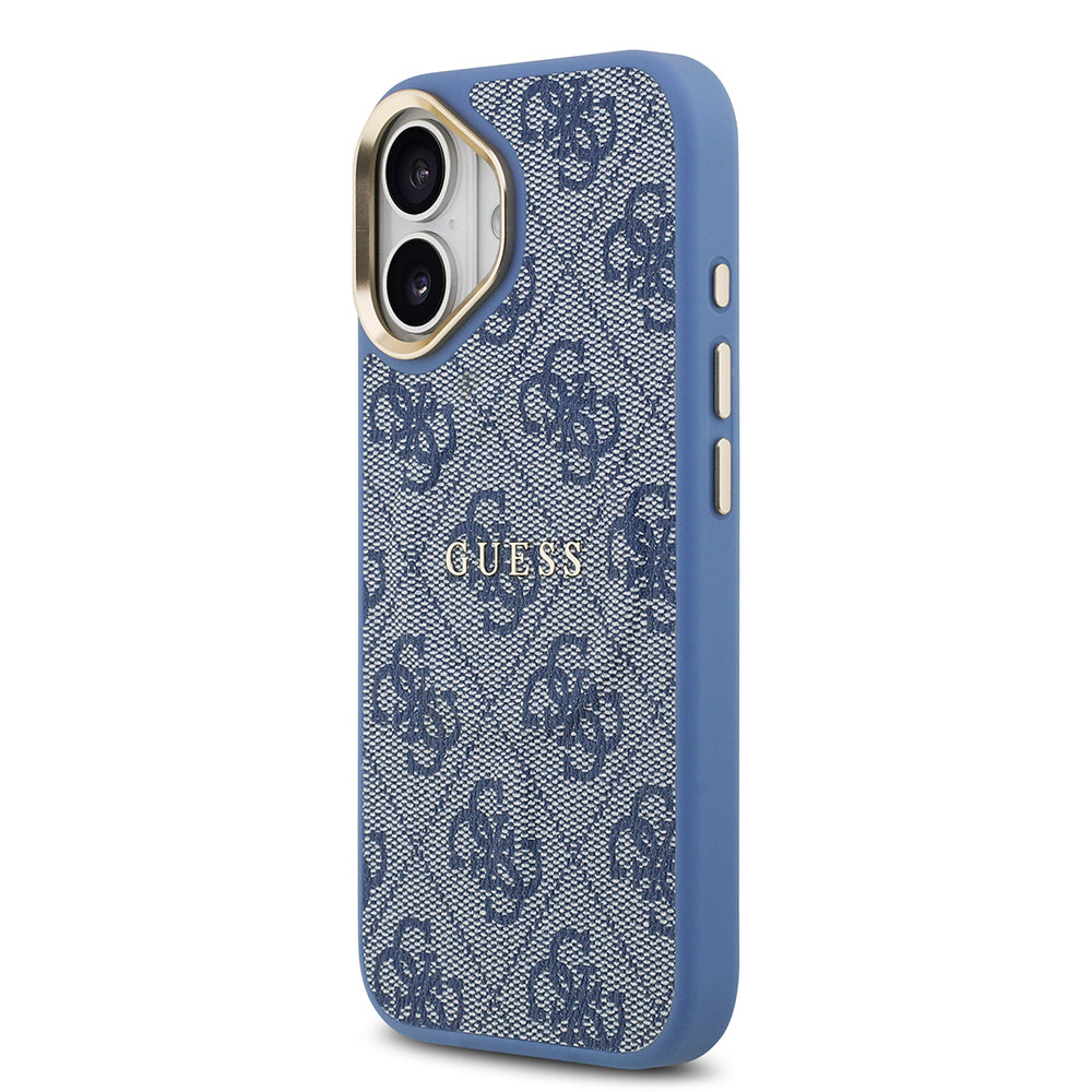 Apple iPhone 17 Kılıf Guess Orjinal Lisanslı M-safe Şarj Özellikli Gold Metal Kamera Çerçeveli PU Deri 4G Desenli Yazı Logolu Kapak Kahverengi