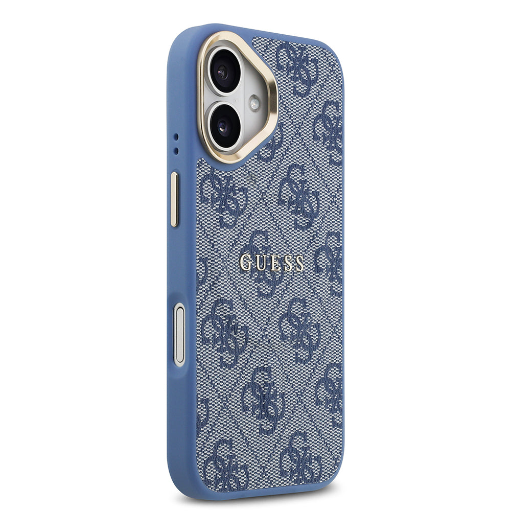 Apple iPhone 17 Kılıf Guess Orjinal Lisanslı M-safe Şarj Özellikli Gold Metal Kamera Çerçeveli PU Deri 4G Desenli Yazı Logolu Kapak Mavi