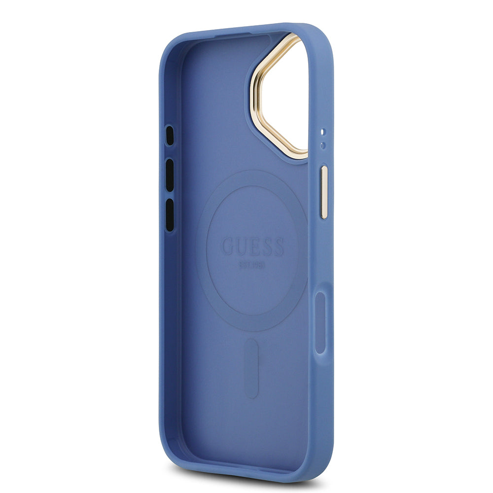 Apple iPhone 17 Kılıf Guess Orjinal Lisanslı M-safe Şarj Özellikli Gold Metal Kamera Çerçeveli PU Deri 4G Desenli Yazı Logolu Kapak Siyah