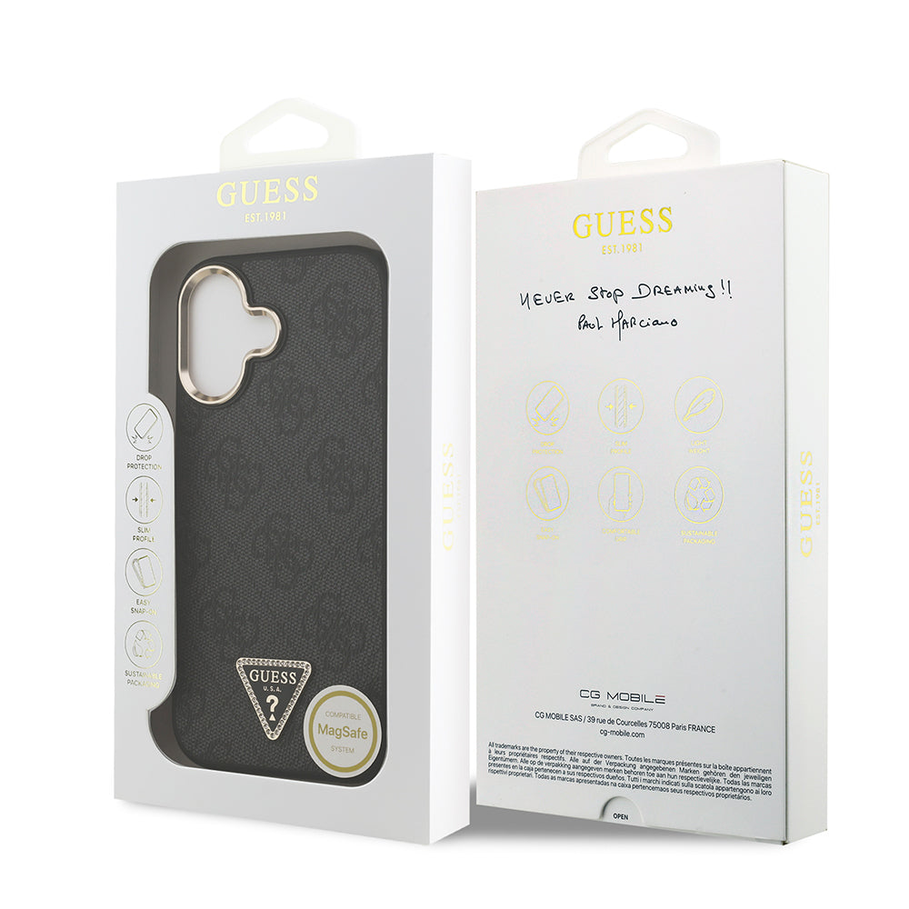 Apple iPhone 17 Kılıf Guess Orjinal Lisanslı M-safe Şarj Özellikli Gold Metal Kamera Çerçeveli Taşlı Üçgen Logo 4G Desenli Kapak Kahverengi