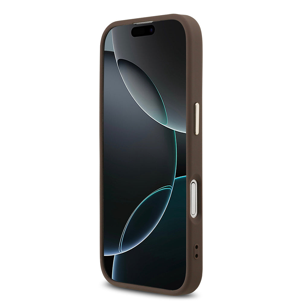 Apple iPhone 17 Kılıf Guess Orjinal Lisanslı M-safe Şarj Özellikli Gold Metal Kamera Çerçeveli Taşlı Üçgen Logo 4G Desenli Kapak Siyah