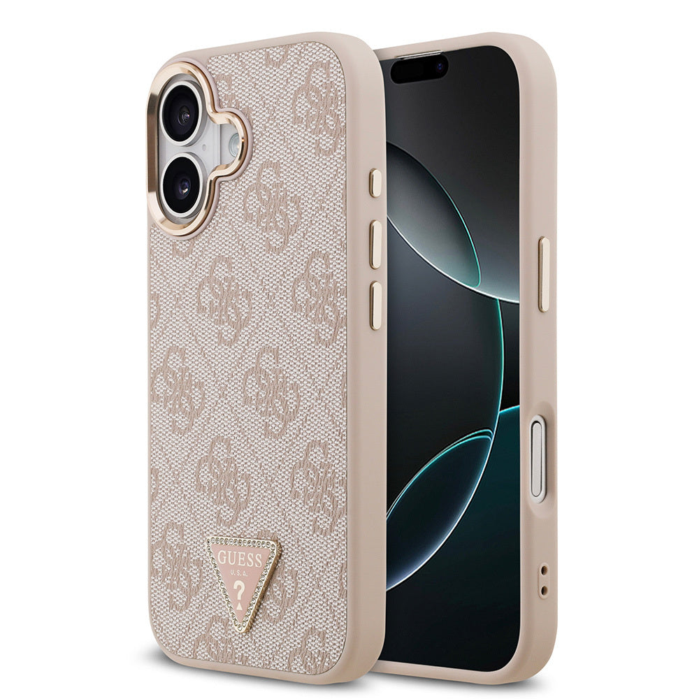 Apple iPhone 17 Kılıf Guess Orjinal Lisanslı M-safe Şarj Özellikli Gold Metal Kamera Çerçeveli Taşlı Üçgen Logo 4G Desenli Kapak Pembe
