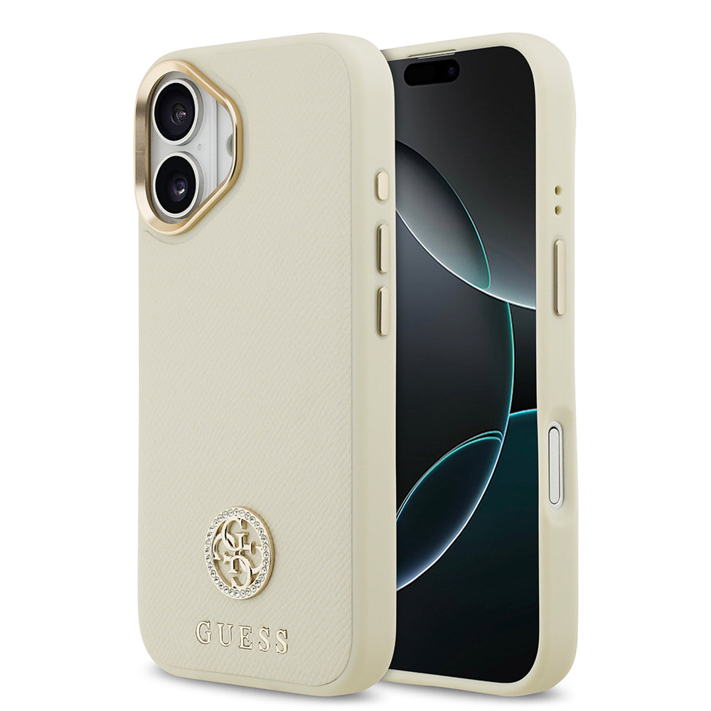 Apple iPhone 17 Kılıf Guess Orjinal Lisanslı M-safe Şarj Özellikli Grained Yazı ve Taşlı 4G Logolu Kapak Bej