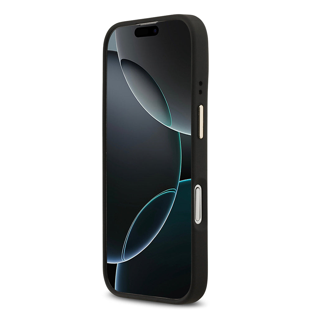 Apple iPhone 17 Kılıf Guess Orjinal Lisanslı M-safe Şarj Özellikli Sıcak Baskılı Yazı Logolu PU Deri Peony Kapak Siyah