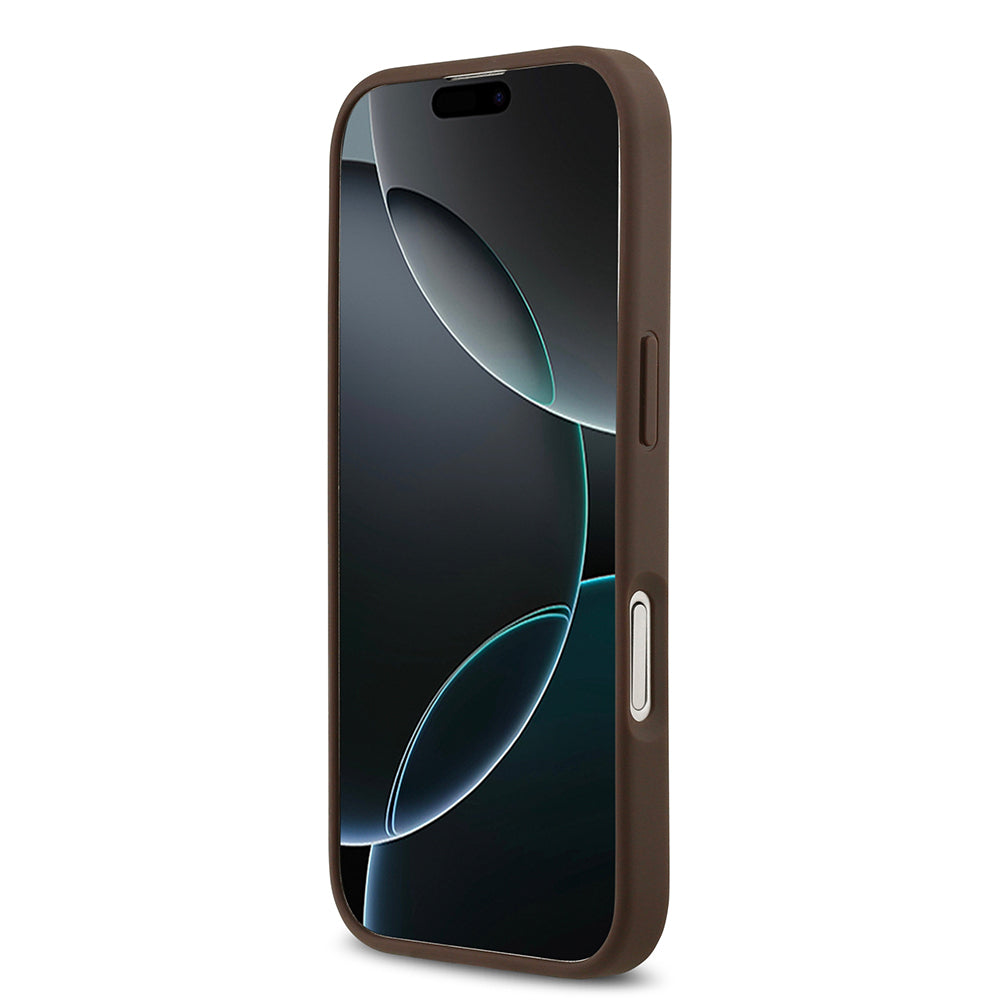 Apple iPhone 17 Kılıf Guess Orjinal Lisanslı M-safe Şarj Özellikli Yazı Logolu Circle Classic Kapak Kahverengi