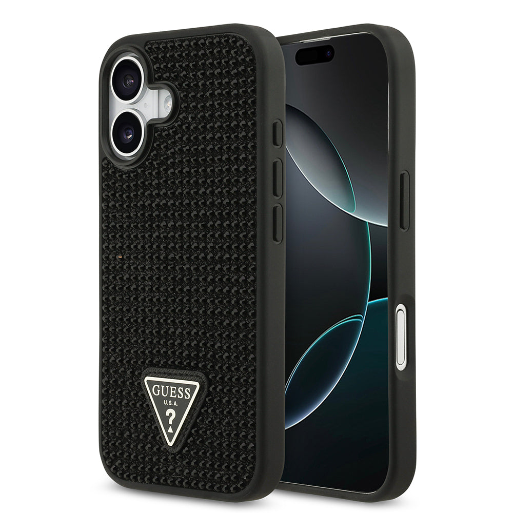 Apple iPhone 17 Kılıf Guess Orjinal Lisanslı Taşlı Arka Yüzey Üçgen Logolu Kapak Siyah