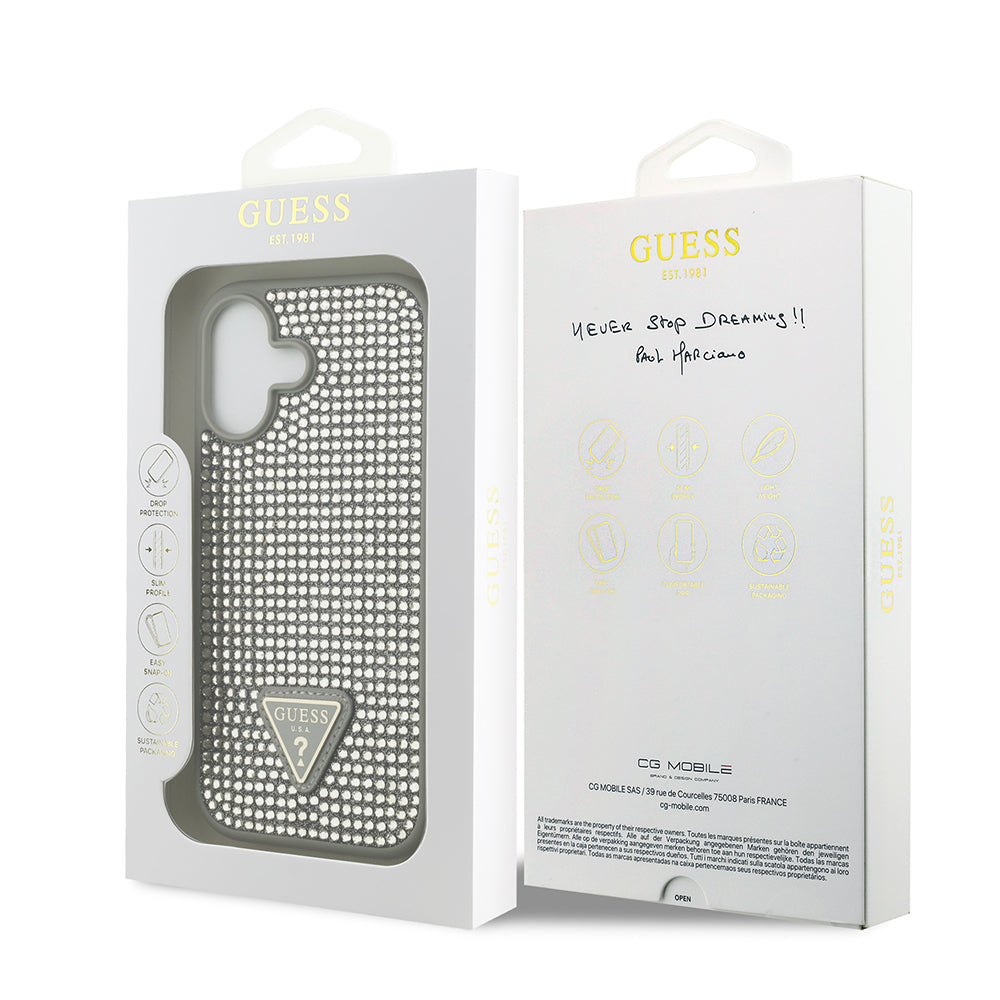 Apple iPhone 17 Kılıf Guess Orjinal Lisanslı Taşlı Arka Yüzey Üçgen Logolu Kapak Gold