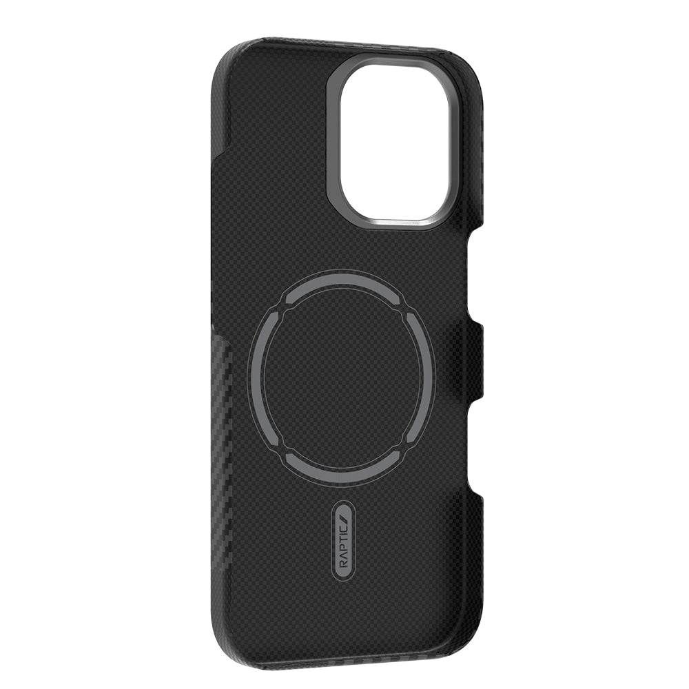 Apple iPhone 17 Kılıf M-safe Şarj Özellikli 600D Metal Kamera Çerçeveli Raptic Aramid Fiber Geotik Serisi Kapak Siyah