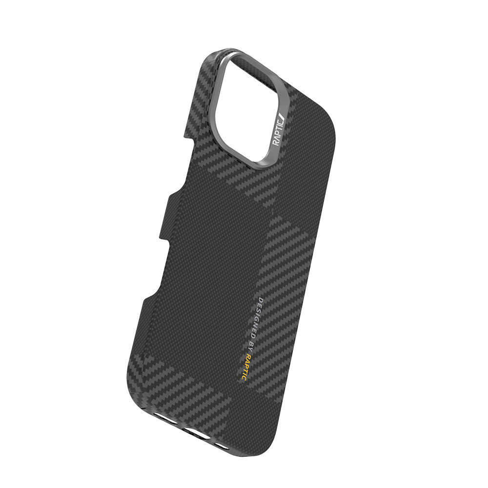 Apple iPhone 17 Kılıf M-safe Şarj Özellikli 600D Metal Kamera Çerçeveli Raptic Aramid Fiber Geotik Serisi Kapak Siyah