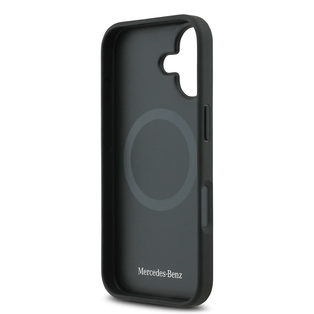 Apple iPhone 17 Kılıf Mercedes Benz Orjinal Lisanslı M-safe Şarj Özellikli Şeritli Yıldız Desenli Metal Logolu Deri Kapak Siyah