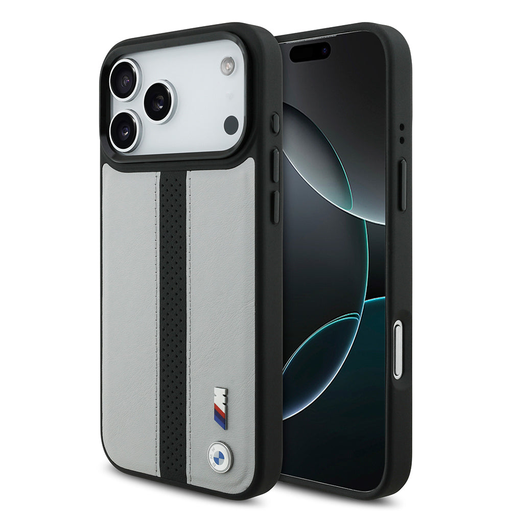 Apple iPhone 17 Pro Kılıf BMW Orjinal Lisanslı M-safe Şarj Özellikli Deri Arka Yüzey Metal Logolu Delikli Şerit Tasarımlı Kapak Mavi