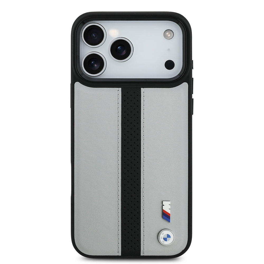 Apple iPhone 17 Pro Kılıf BMW Orjinal Lisanslı M-safe Şarj Özellikli Deri Arka Yüzey Metal Logolu Delikli Şerit Tasarımlı Kapak Lacivert