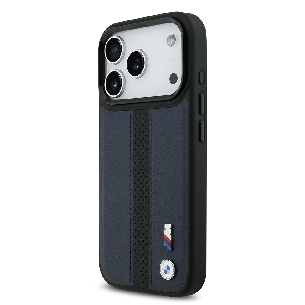 Apple iPhone 17 Pro Kılıf BMW Orjinal Lisanslı M-safe Şarj Özellikli Deri Arka Yüzey Metal Logolu Delikli Şerit Tasarımlı Kapak Mavi