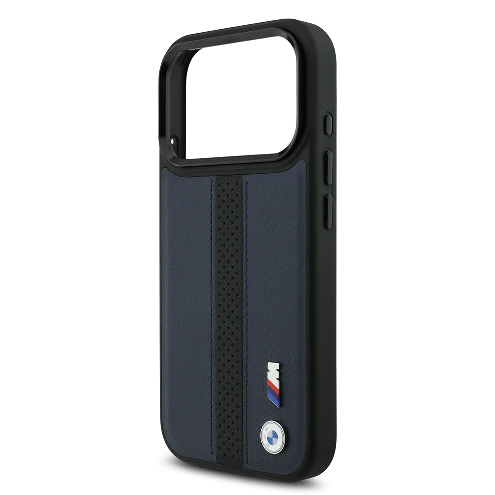 Apple iPhone 17 Pro Kılıf BMW Orjinal Lisanslı M-safe Şarj Özellikli Deri Arka Yüzey Metal Logolu Delikli Şerit Tasarımlı Kapak Mavi