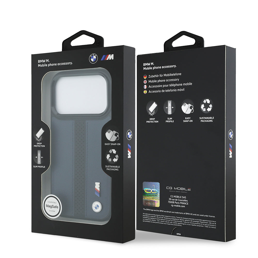 Apple iPhone 17 Pro Kılıf BMW Orjinal Lisanslı M-safe Şarj Özellikli Deri Arka Yüzey Metal Logolu Delikli Şerit Tasarımlı Kapak Mavi