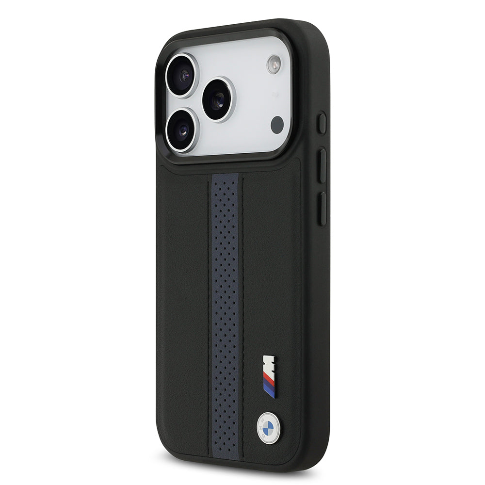 Apple iPhone 17 Pro Kılıf BMW Orjinal Lisanslı M-safe Şarj Özellikli Deri Arka Yüzey Metal Logolu Delikli Şerit Tasarımlı Kapak Gri