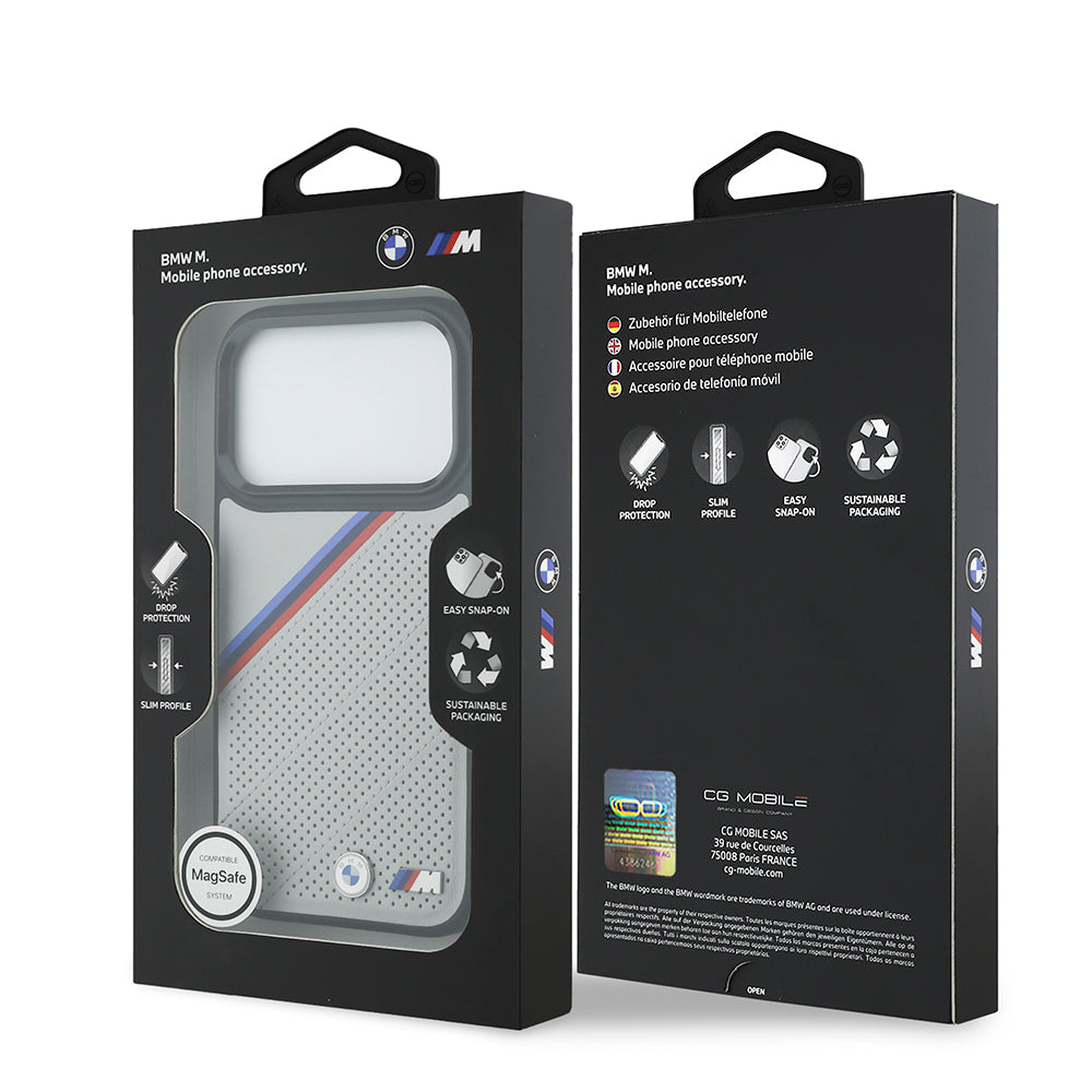 Apple iPhone 17 Pro Kılıf BMW Orjinal Lisanslı M-safe Şarj Özellikli M Logolu Üç Şeritli Delikli Deri Kapak Siyah