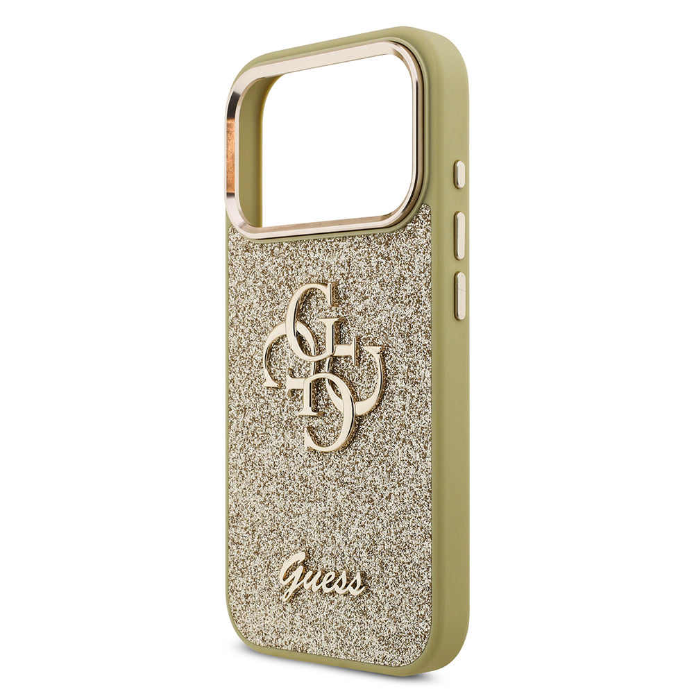 Apple iPhone 17 Pro Kılıf Guess Orjinal Lisanslı 4G Büyük Metal Kamera Çerçeveli ve Logolu Glitter Kapak Gold