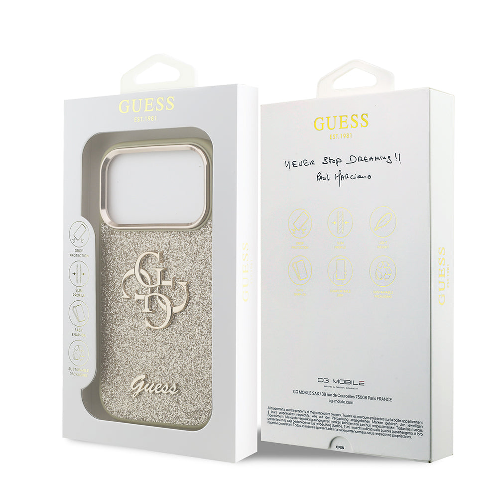 Apple iPhone 17 Pro Kılıf Guess Orjinal Lisanslı 4G Büyük Metal Kamera Çerçeveli ve Logolu Glitter Kapak Siyah