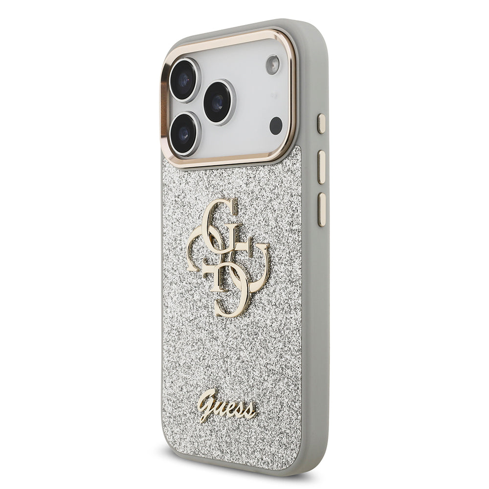 Apple iPhone 17 Pro Kılıf Guess Orjinal Lisanslı 4G Büyük Metal Kamera Çerçeveli ve Logolu Glitter Kapak Gold