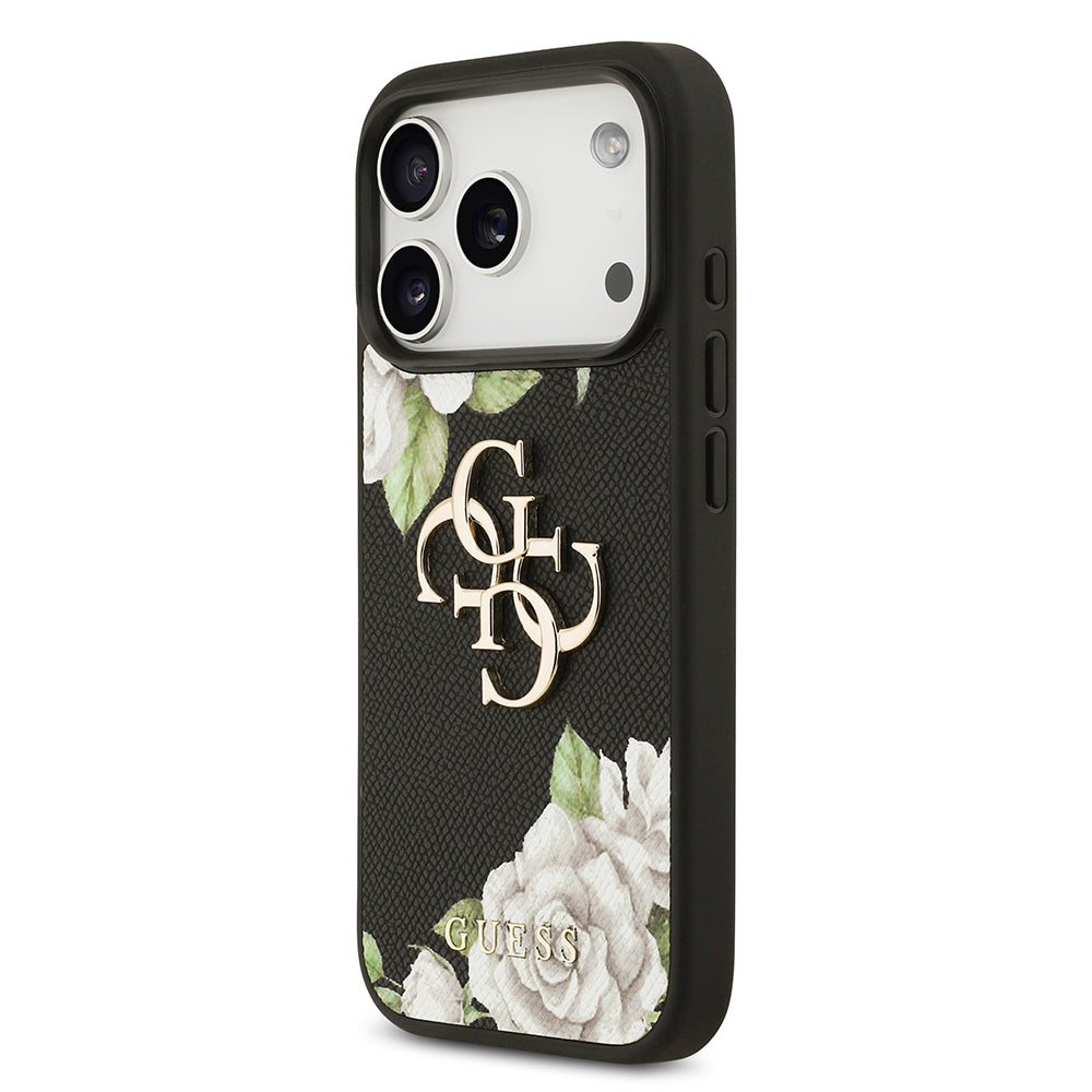 Apple iPhone 17 Pro Kılıf Guess Orjinal Lisanslı Gül Baskılı Büyük Metal Logo Dizaynlı Kapak Siyah