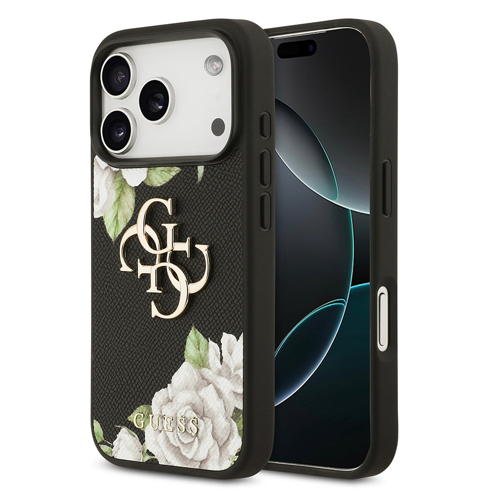 Apple iPhone 17 Pro Kılıf Guess Orjinal Lisanslı Gül Baskılı Büyük Metal Logo Dizaynlı Kapak Siyah